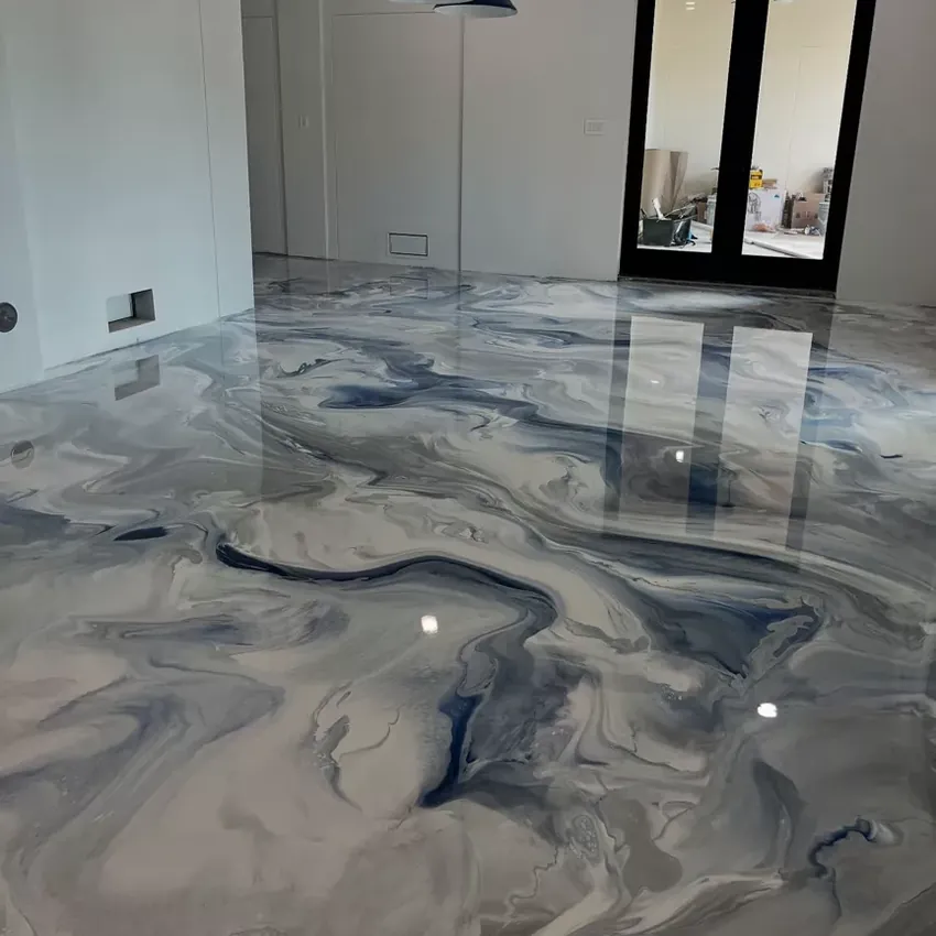Marble epoxy floor with gray movement in a Tampa, FL living room