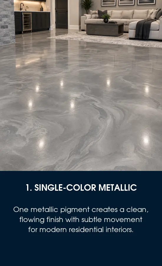 Metallic epoxy flooring in a single color inside a Gandy, FL home