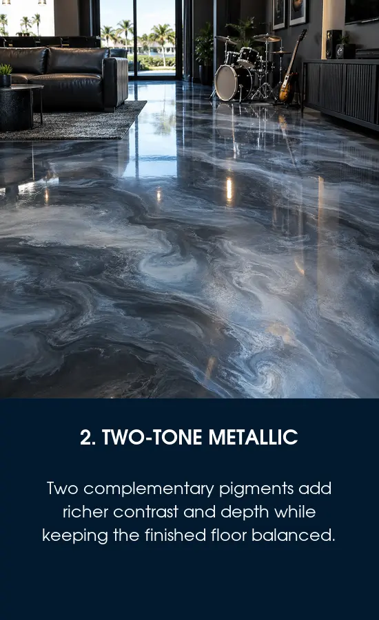 Two-tone metallic epoxy flooring in a Temple Terrace, FL interior