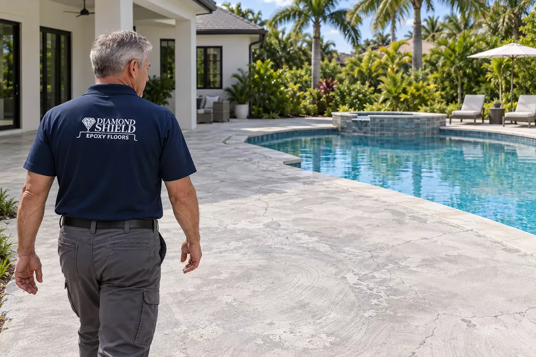 DiamondShield technician inspecting a worn concrete patio in Tampa, FL