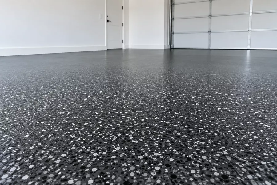 Polyaspartic garage floor coating with black flake in Tampa, FL