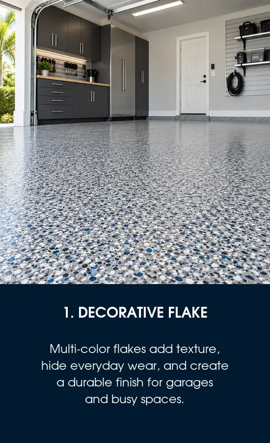 Polyaspartic floor coating with decorative flakes in a Tampa, FL garage