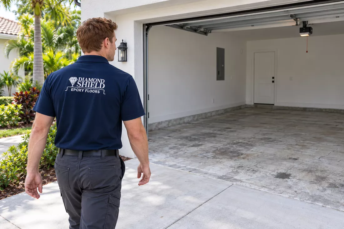 Polyaspartic floor coating site inspection at a Tampa, FL garage