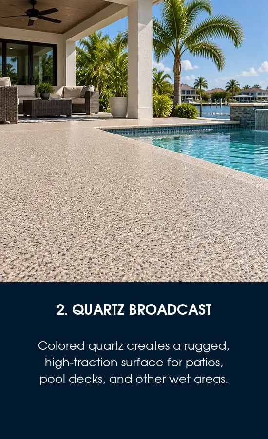 Polyaspartic quartz broadcast coating on a Tampa, FL pool deck