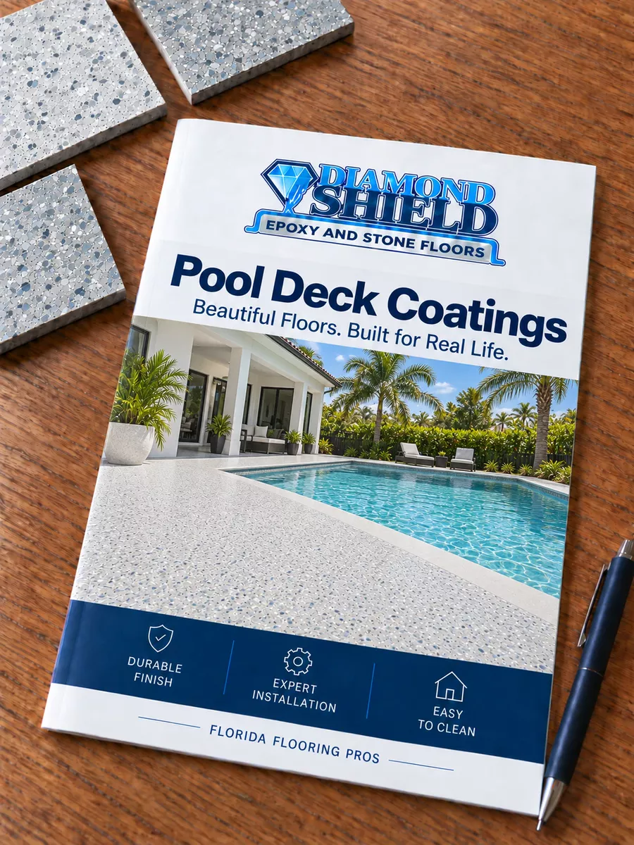 DiamondShield pool deck coating brochure and finish samples