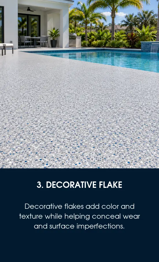 Decorative full-flake pool deck coating option for a Tampa, FL home