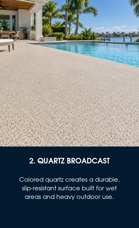 Quartz-broadcast pool deck coating option for a Tampa, FL home