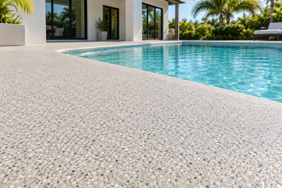 Quartz-broadcast pool deck coating beside the water at a Tampa, FL home