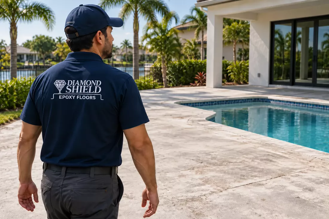 DiamondShield technician inspecting a bare concrete pool deck in Tampa, FL