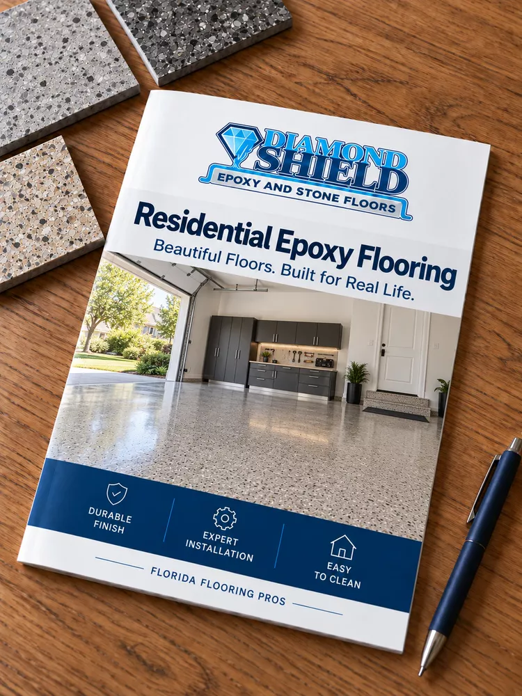 Residential epoxy flooring brochure with flake sample chips, Tampa, FL