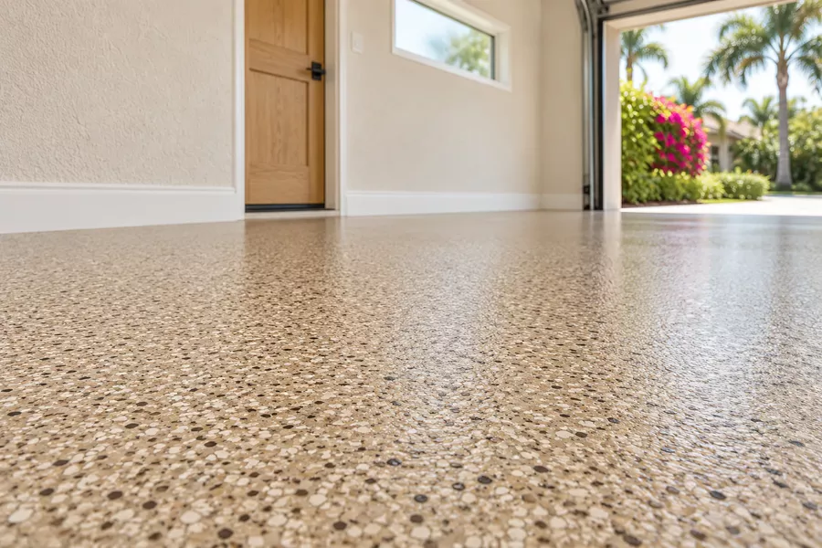Residential epoxy flooring with a tan flake finish in a Tampa, FL garage