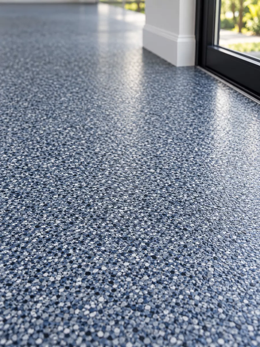Close view of a blue flake epoxy floor installed by DiamondShield