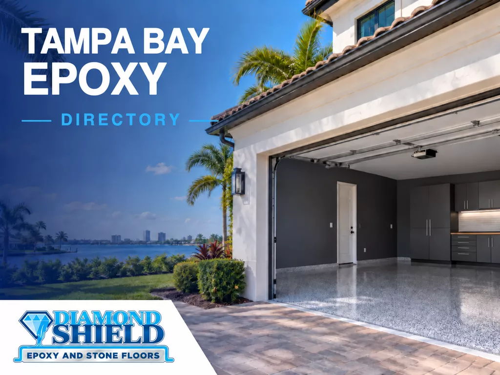 Tampa Bay Epoxy Directory by DiamondShield Epoxy, flake garage floor on a waterfront home