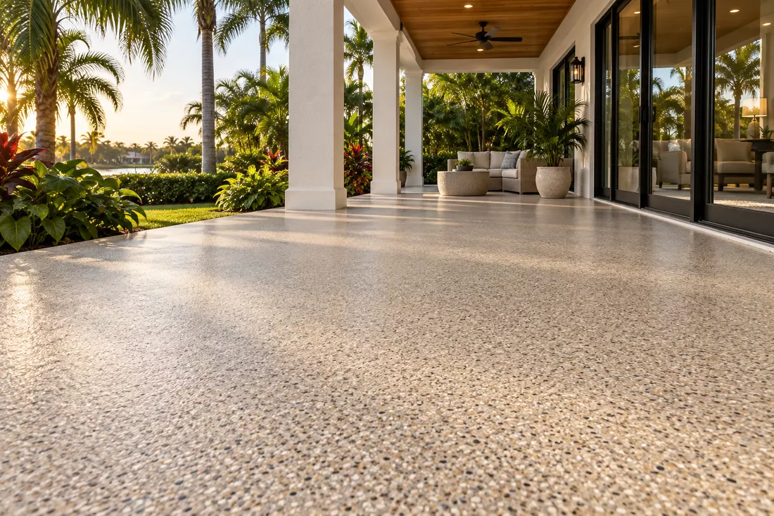 Decorative flake epoxy lanai floor at sunset on a Tampa Bay home